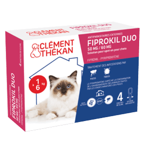 Fiprokil Duo - 50 mg / 60 mg - anti puces et tiques pour chat - 4 pipettes - CLÉMENT THÉKAN