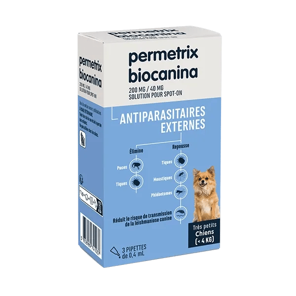 Permetrix - 200 mg / 40 mg - Antiparasitaire - Chien - moins de 4 kg - 3x0,4 ml - BIOCANINA